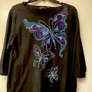 Bob Mackey top with butterfly appliqué.